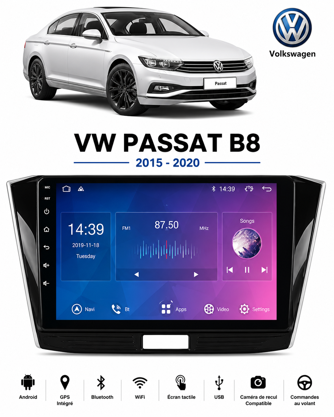 Poste Radio Android sur mesure pour Volkswagen Passat B8 (2015+)
