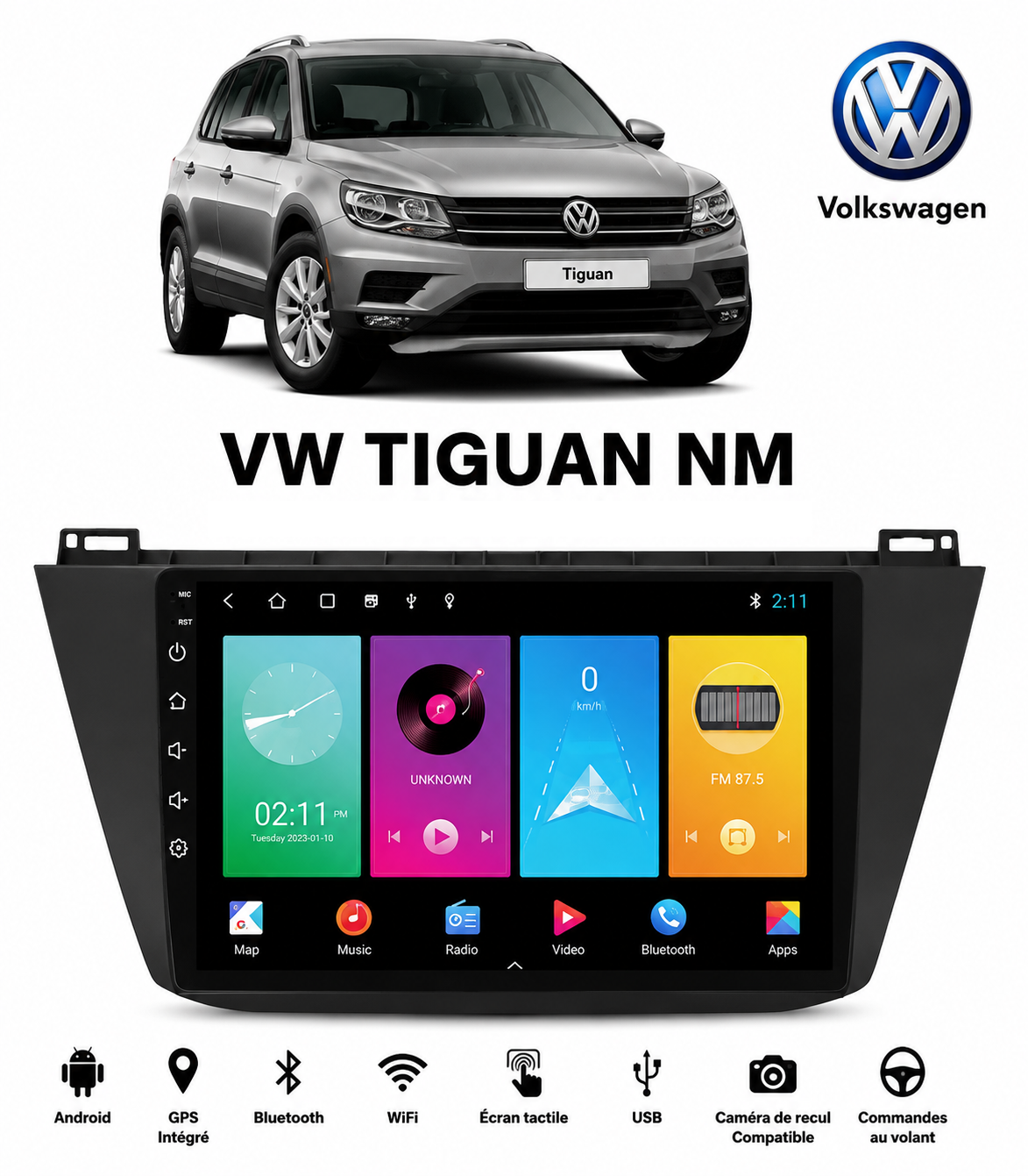 Poste Radio Android sur mesure pour Volkswagen Tiguan (2016-2023)