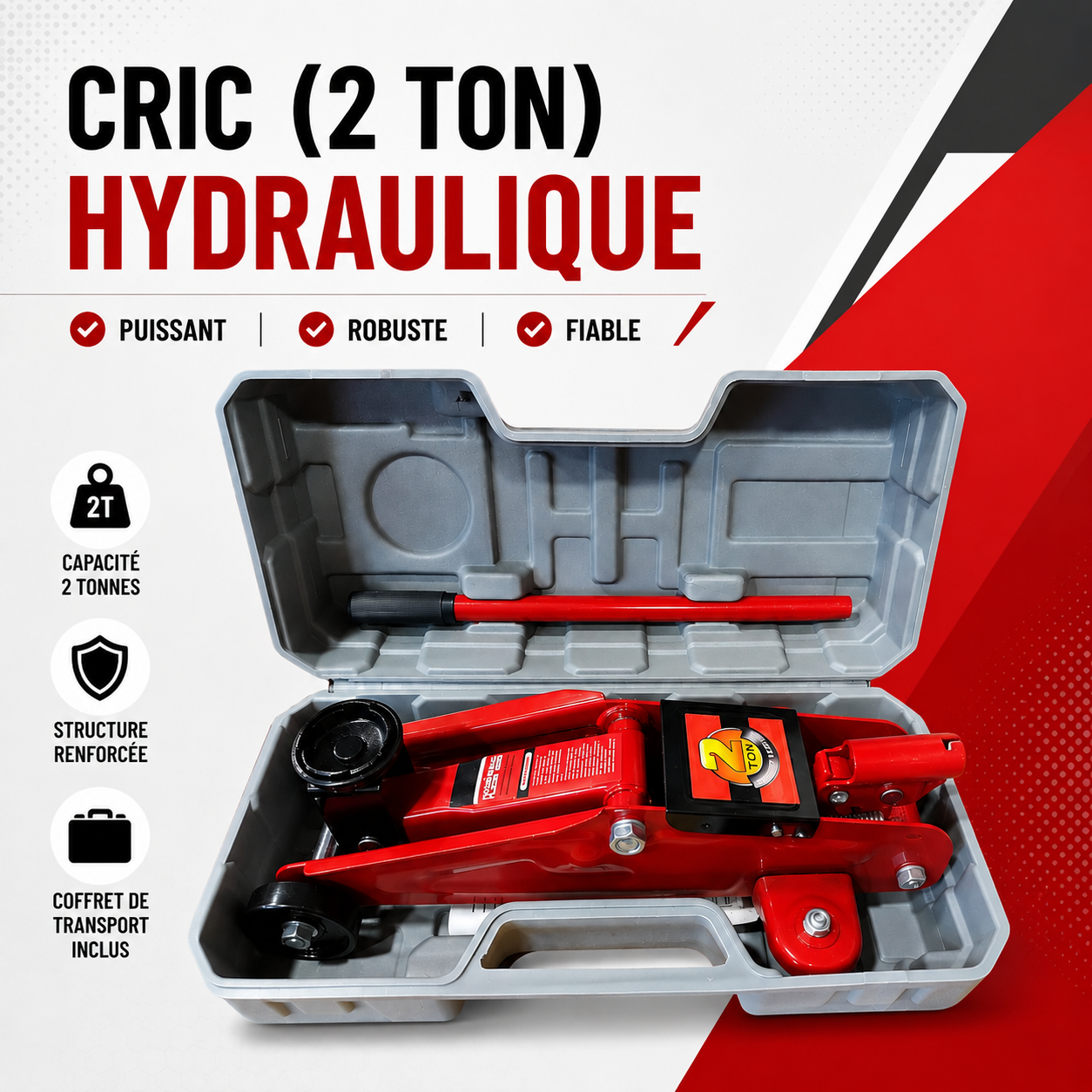 Cric hydraulique 2 tonnes avec coffret de transport