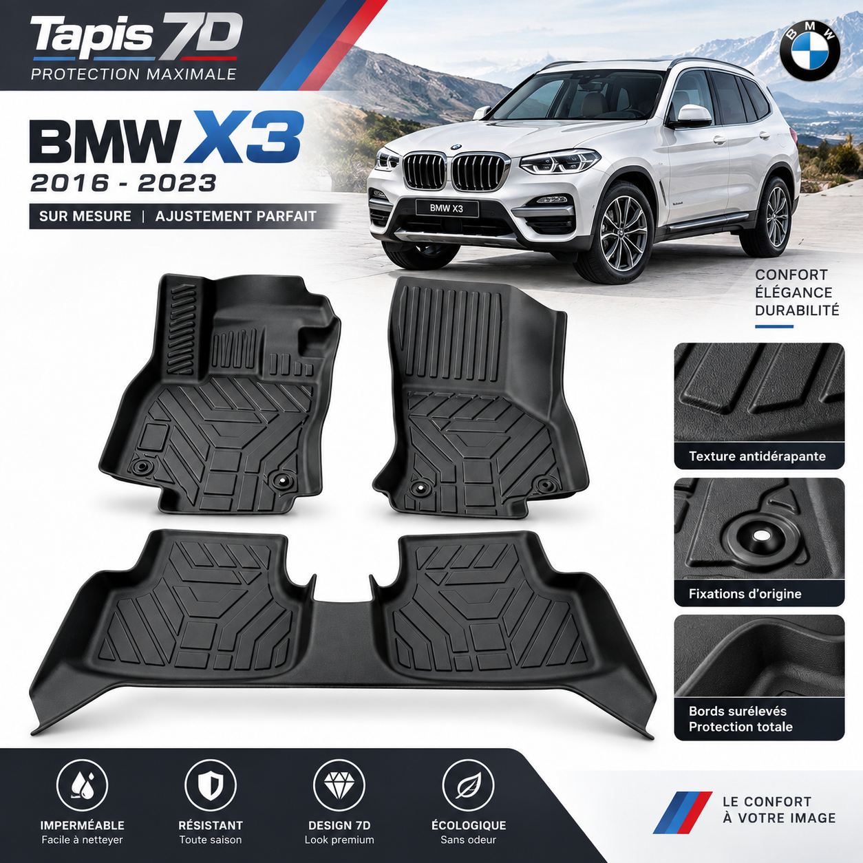 Tapis 7D BMW X3 2016-2023 – Sur Mesure & Protection Premium