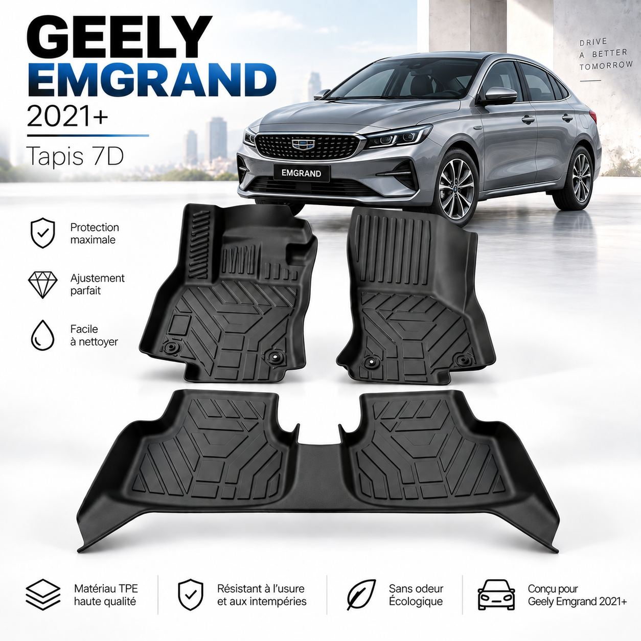 Tapis 7D Geely Emgrand 2021+ – Sur Mesure & Protection Premium