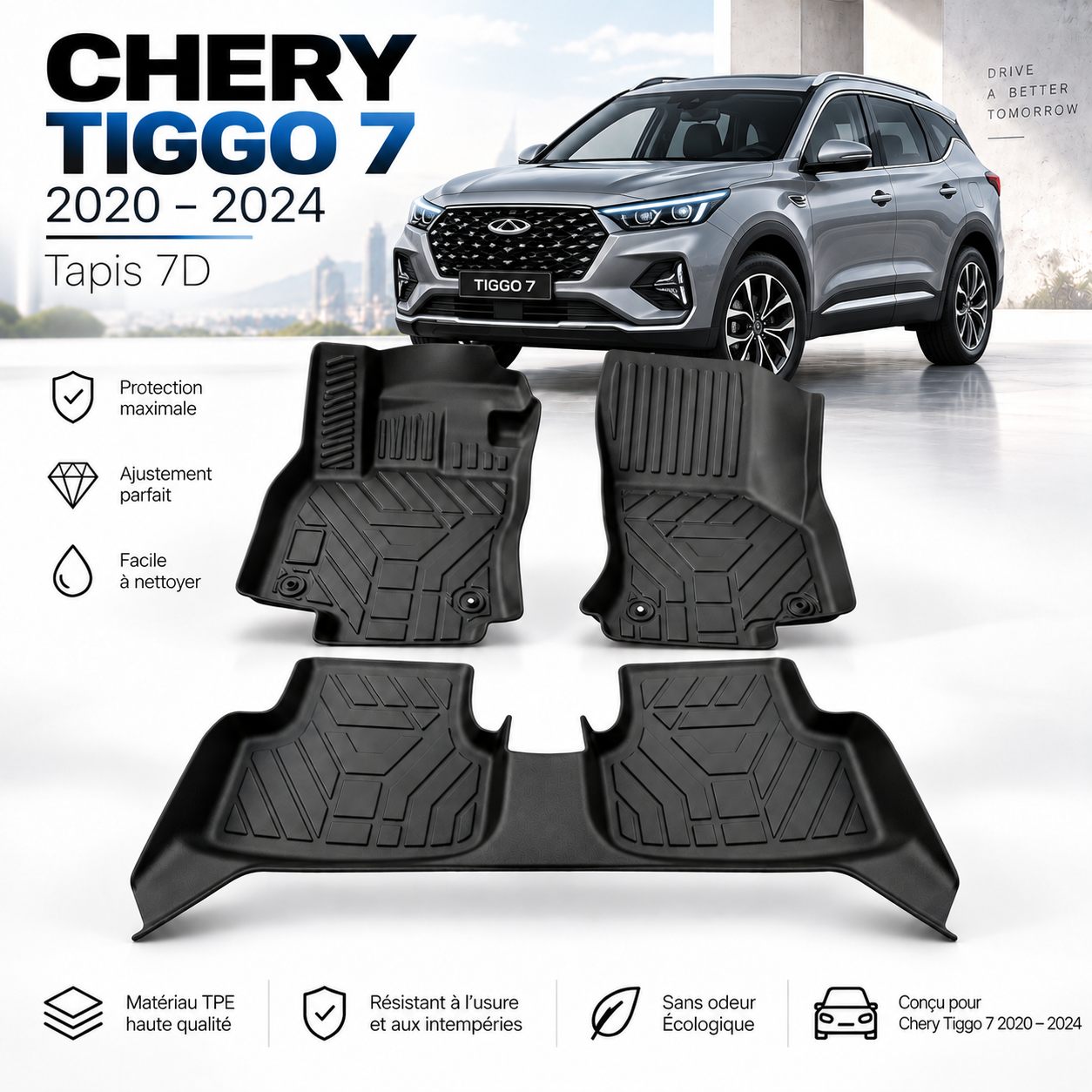 Tapis 7D Chery Tiggo 7 2020-2024 – Sur Mesure & Protection Premium