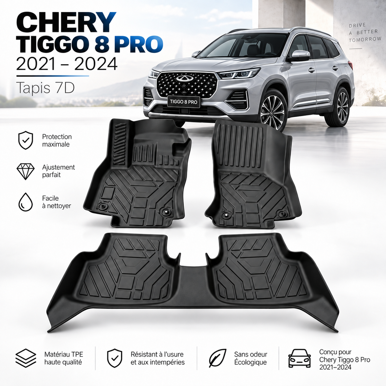 Tapis 7D Chery Tiggo 8 Pro 2021-2024 – Sur Mesure & Protection Premium