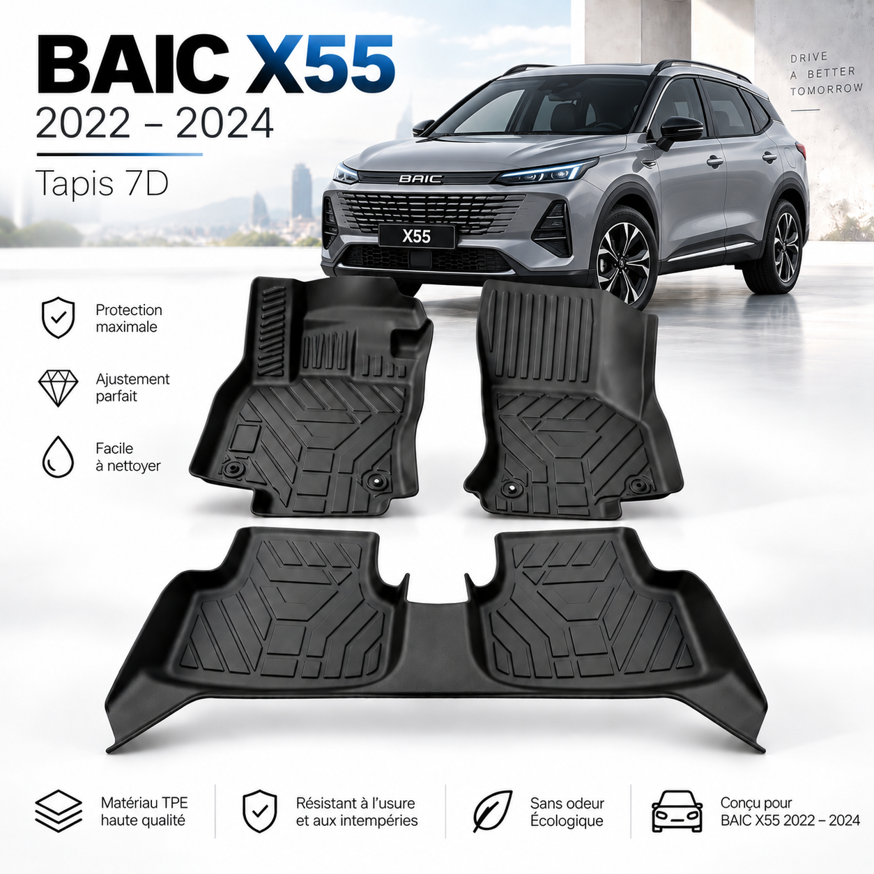 Tapis 7D BAIC X55 2022-2024 – Sur Mesure & Protection Premium