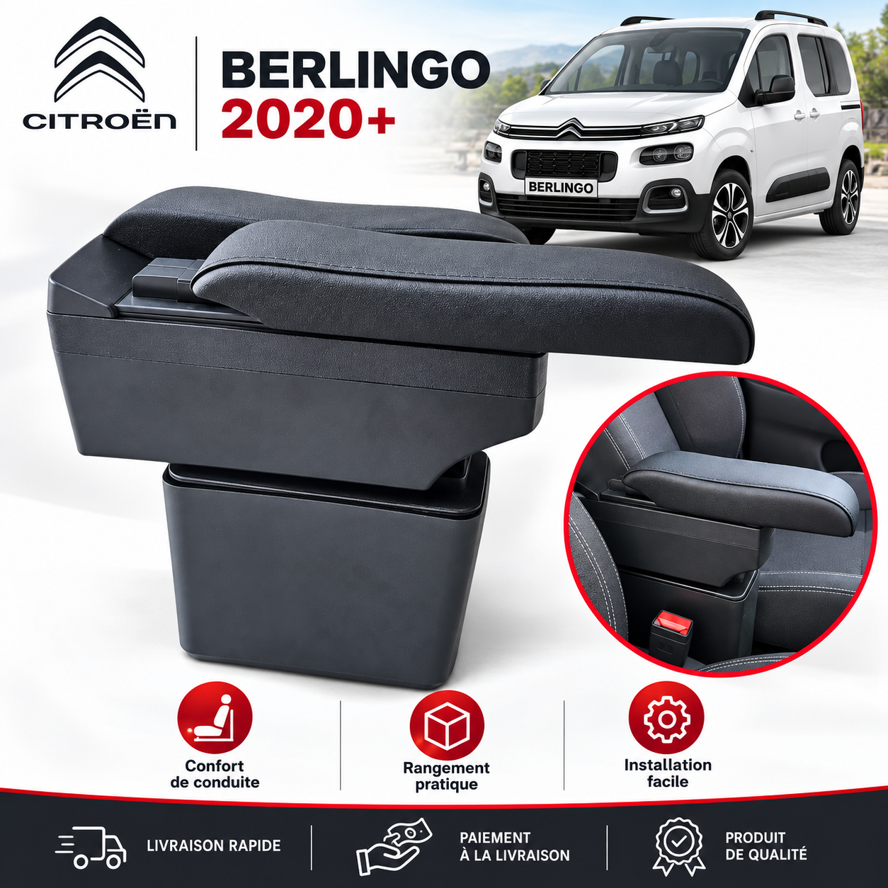 Accoudoir Central Citroën Berlingo 2020+ – Rangement & Confort